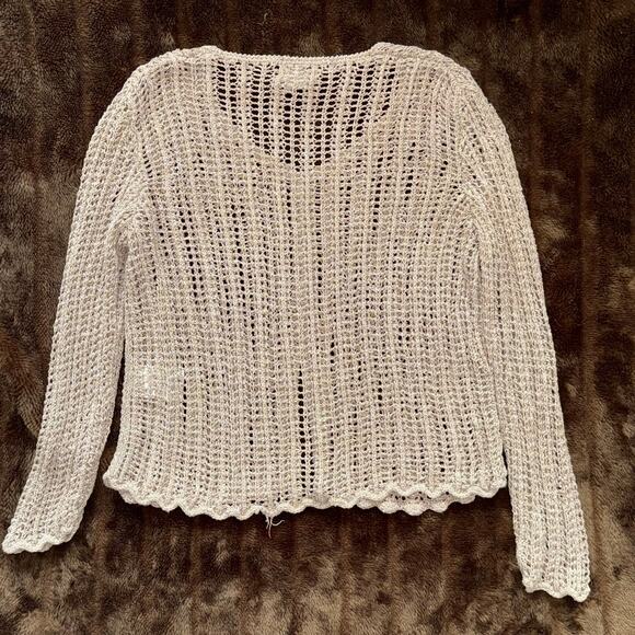 Sigrid Olsen XS Oatmeal Open-Stitch Crochet Cardigan Sweater MOP Buttons - Picture 2 of 6